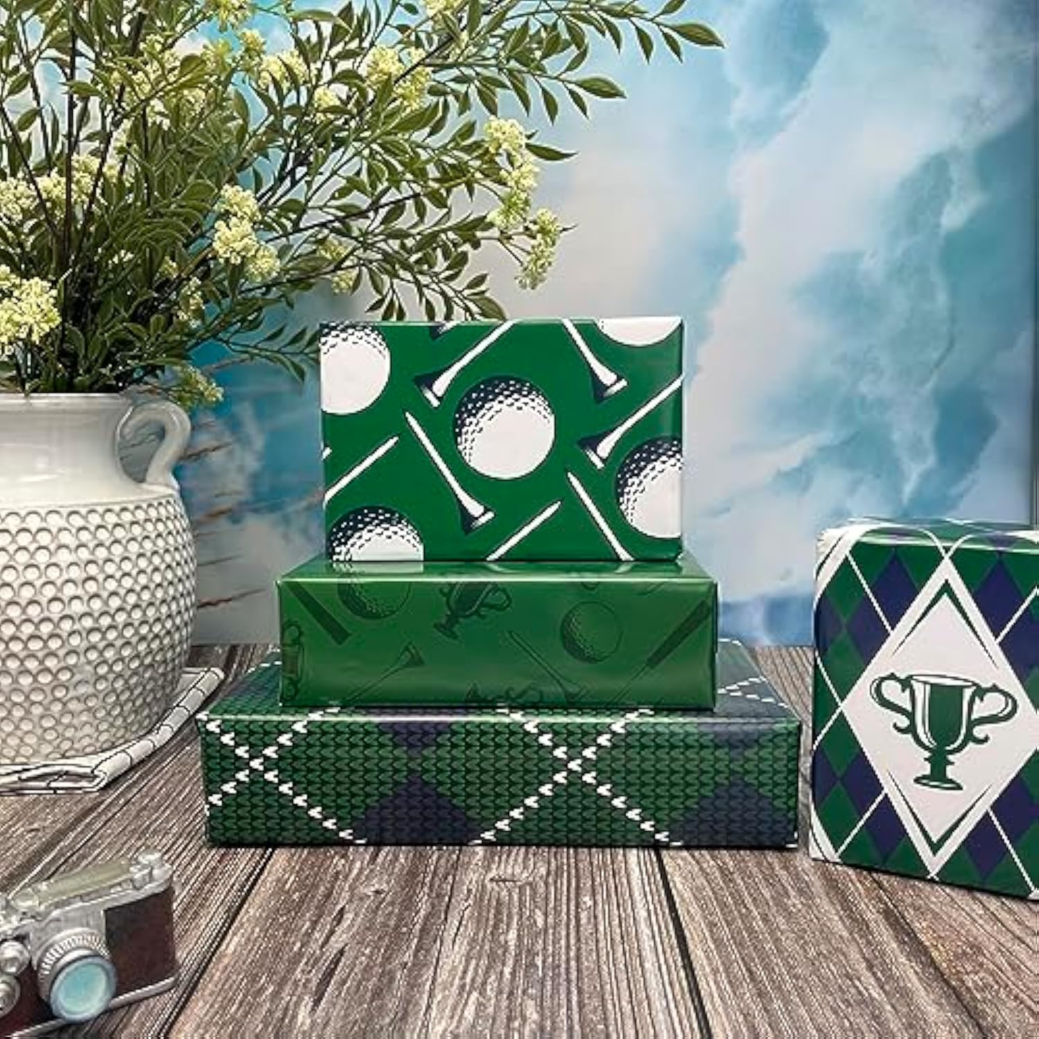 Golf Wrapping Paper For Men Boys Girls - 8 Sheets Green Elegant Gift Wrap With 4 Golf Champions Plaid Patterns For Birthday - Pre Cut& Folded Flat Design(20 X 27 Inch Per Sheet)