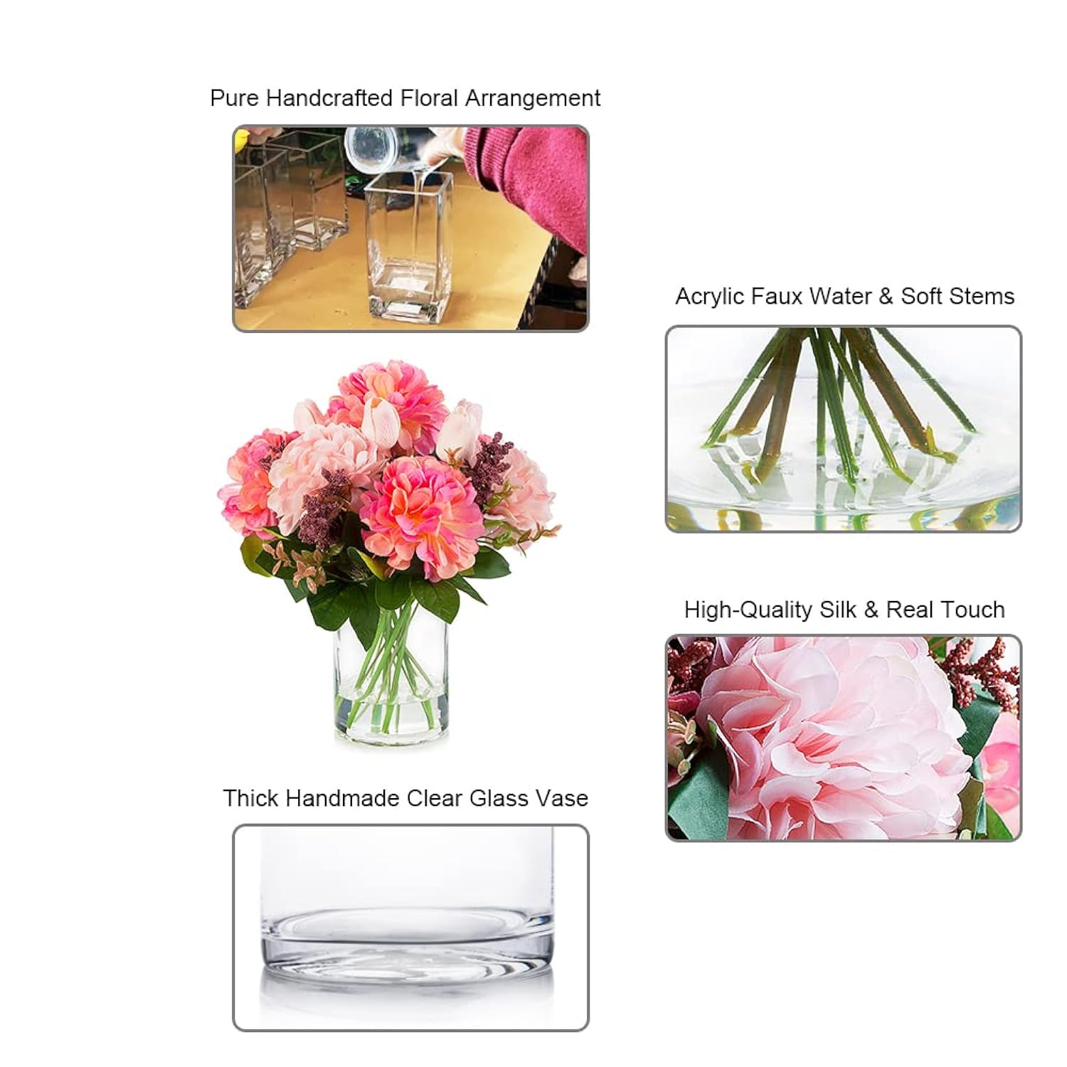 Tulip Real Touch Artificial Flower Arrangement With Vase, Mixed Dahlia Silk Flower In Vase For Dining Table Decorations, Wedding Centerpiece (Pink)