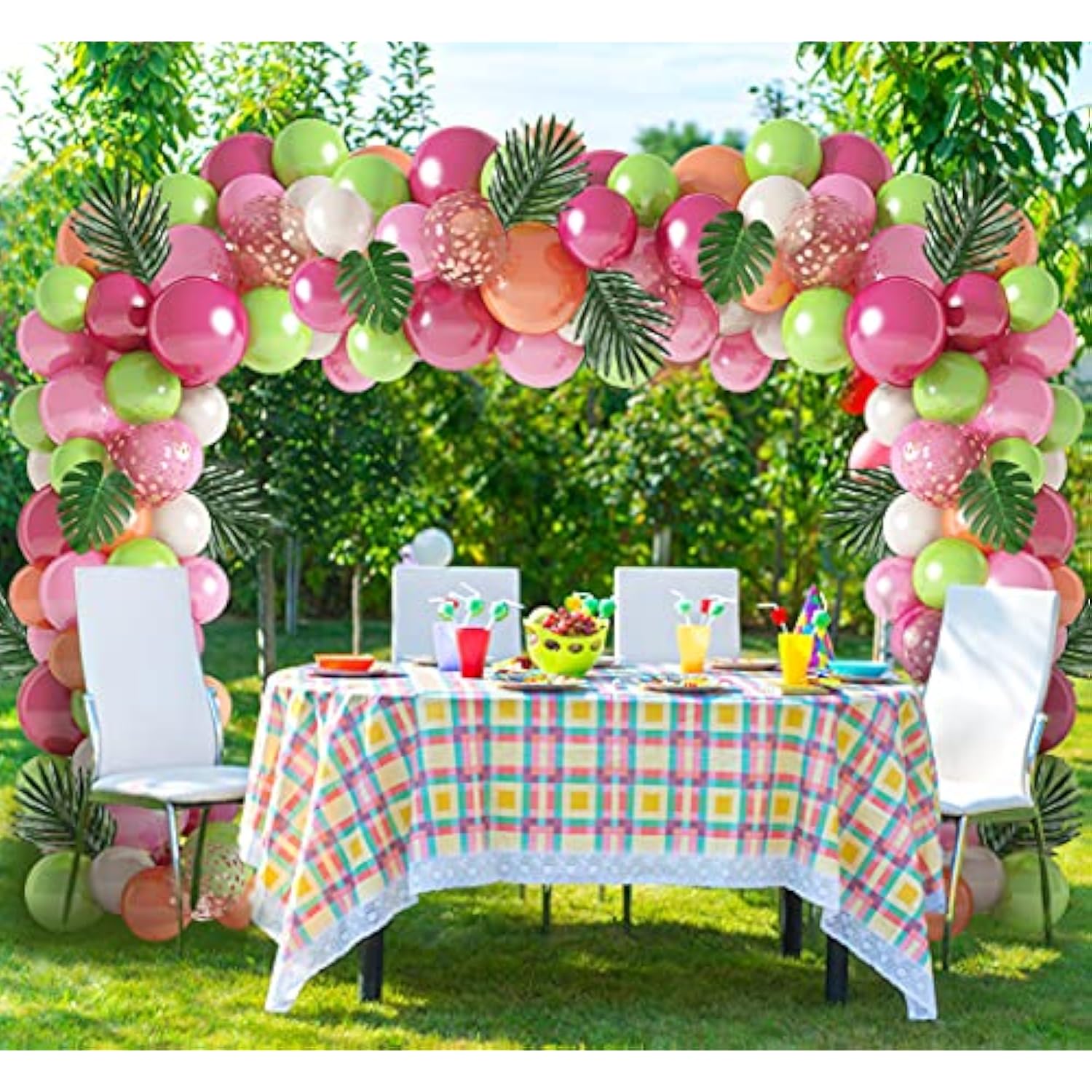 117Pcs Tropical Balloons Arch Garland Kit, Hot Pink Green Rose Gold Confetti Balloons Palm Leaves & 5Tools For Tropical Hawaii Aloha Luau Flamingo Theme Birthday Party Baby Shower Wedding Decorations