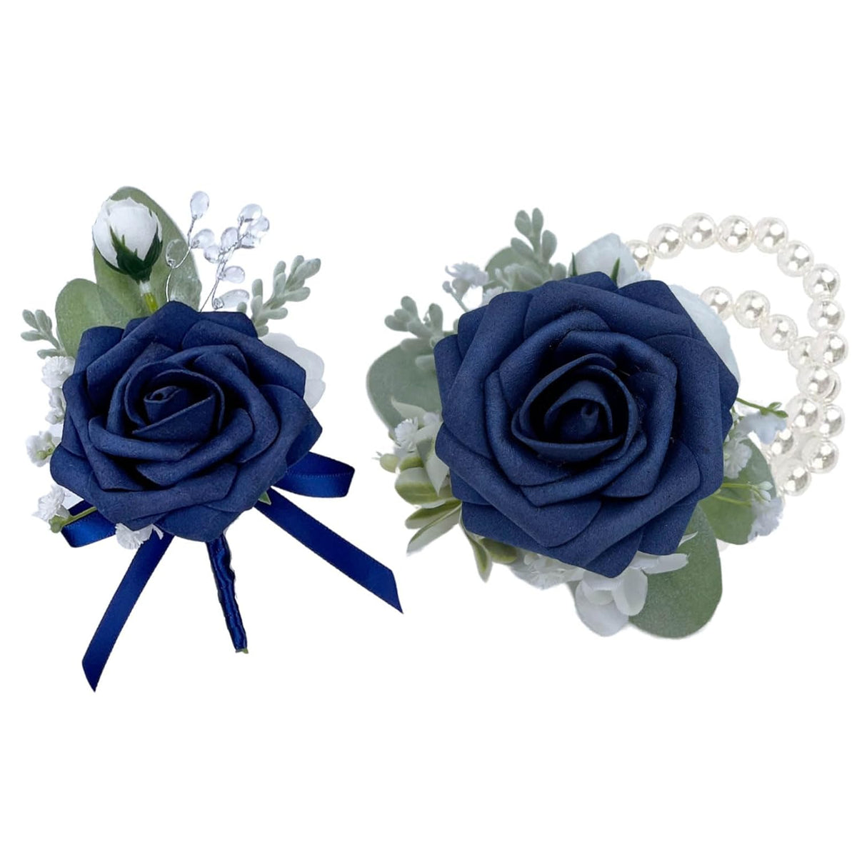 Corsage And Boutonniere Set, Dark Blue Rose Handmade Artificial Flower Wrist Corsage And Groom Boutonniere For Seaside Wedding,Bridesmaid Hand Flower,Prom Suit Decorations