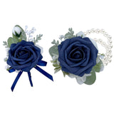 Corsage And Boutonniere Set, Dark Blue Rose Handmade Artificial Flower Wrist Corsage And Groom Boutonniere For Seaside Wedding,Bridesmaid Hand Flower,Prom Suit Decorations