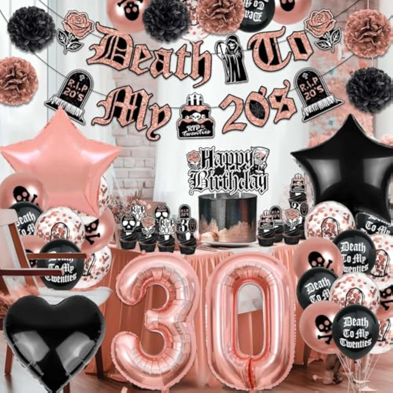 Death To My 20S Decorations, 30Th Birthday Decorations For Her Black And Rose Gold, Rip To My 20S Birthday Decorations Funeral For My Youth 30Th Birthday 30 Balloon Numbers Dirty Thirty Party Supplies