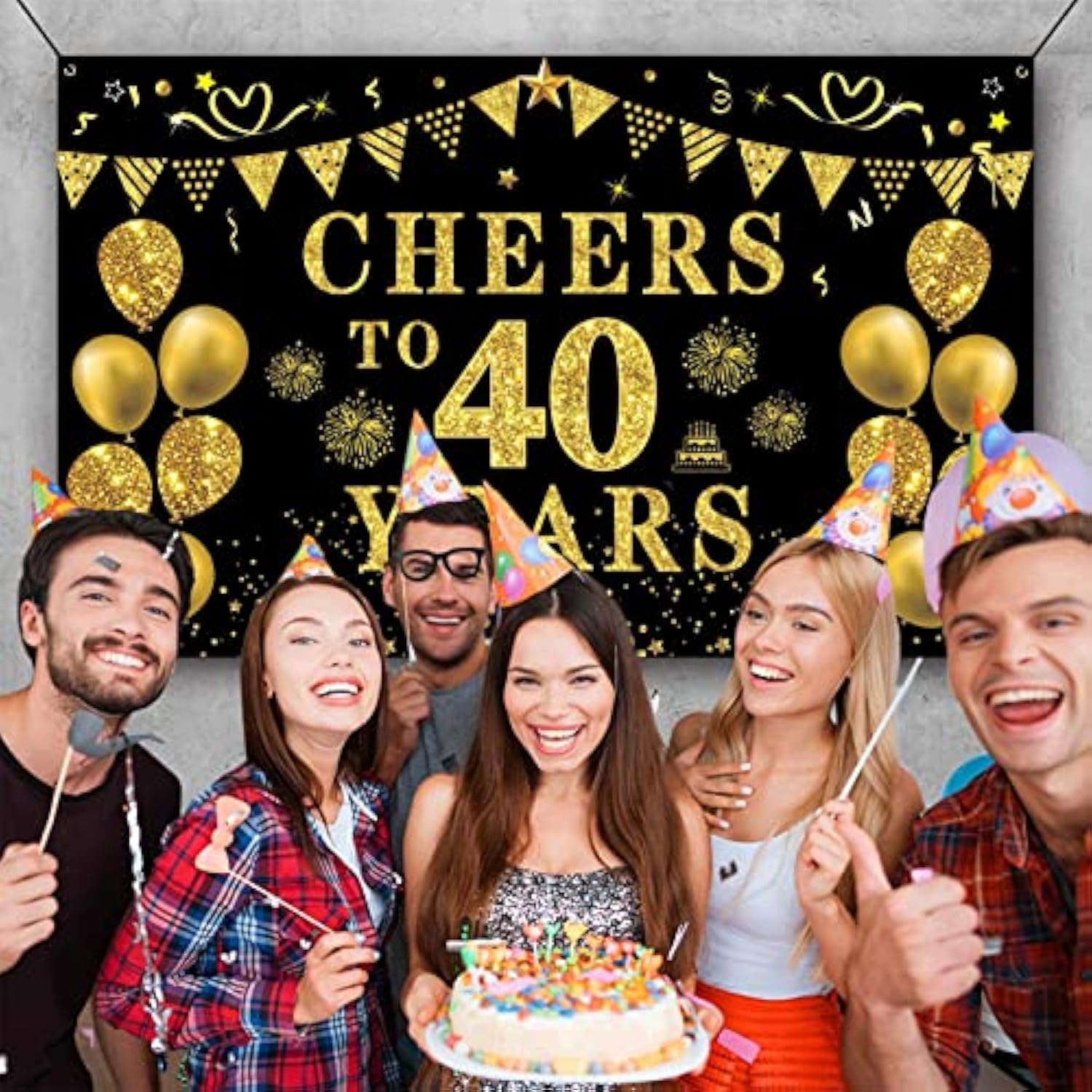 40Th Birthday Decorations For Women Men, Cheers To 40 Years Banner, Bl