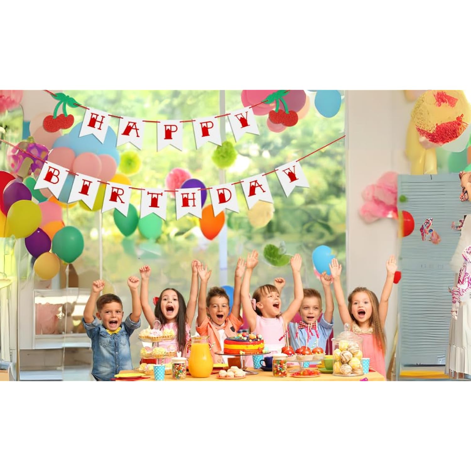 Glitter Cherry Happy Birthday Banner 1950'S Party Decoration Pre-Strung 1St Birthday Party Decoration Rockabilly Themed Birthday Party Banner