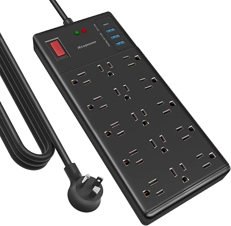 Black Surge Protector Power Strip with 10FT Cord 15 Widely Spaced Outlets and USB Ports