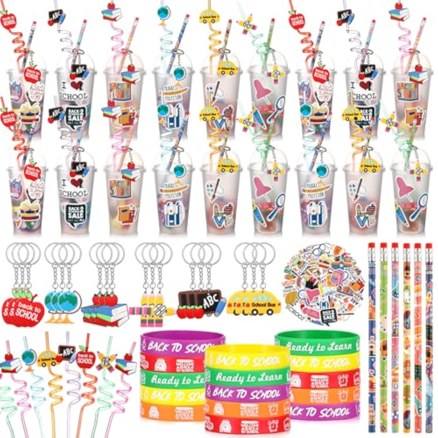 24 Set Back To School Gifts For Students First Day Of School Party Favors Gift Cups Filler Keychain Pencil Straw Sticker Silicone Bracelet For Goodie Bag Fillers Party Favors Gifts