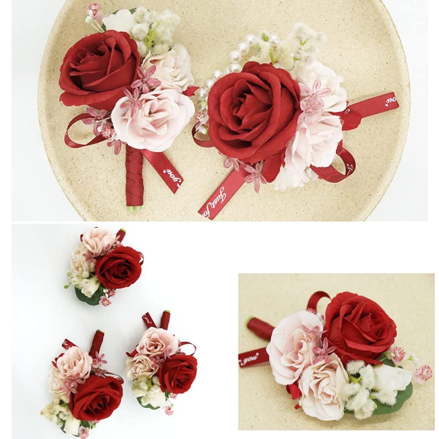 Artificial Rose Corsage Boutonniere Set For Groom Bride Groomsmen Bridesmaids, Simulated Flowers Accessories Wedding Party Prom Suit Decorations-2 Pieces Of Red+Creamy+Light Pink