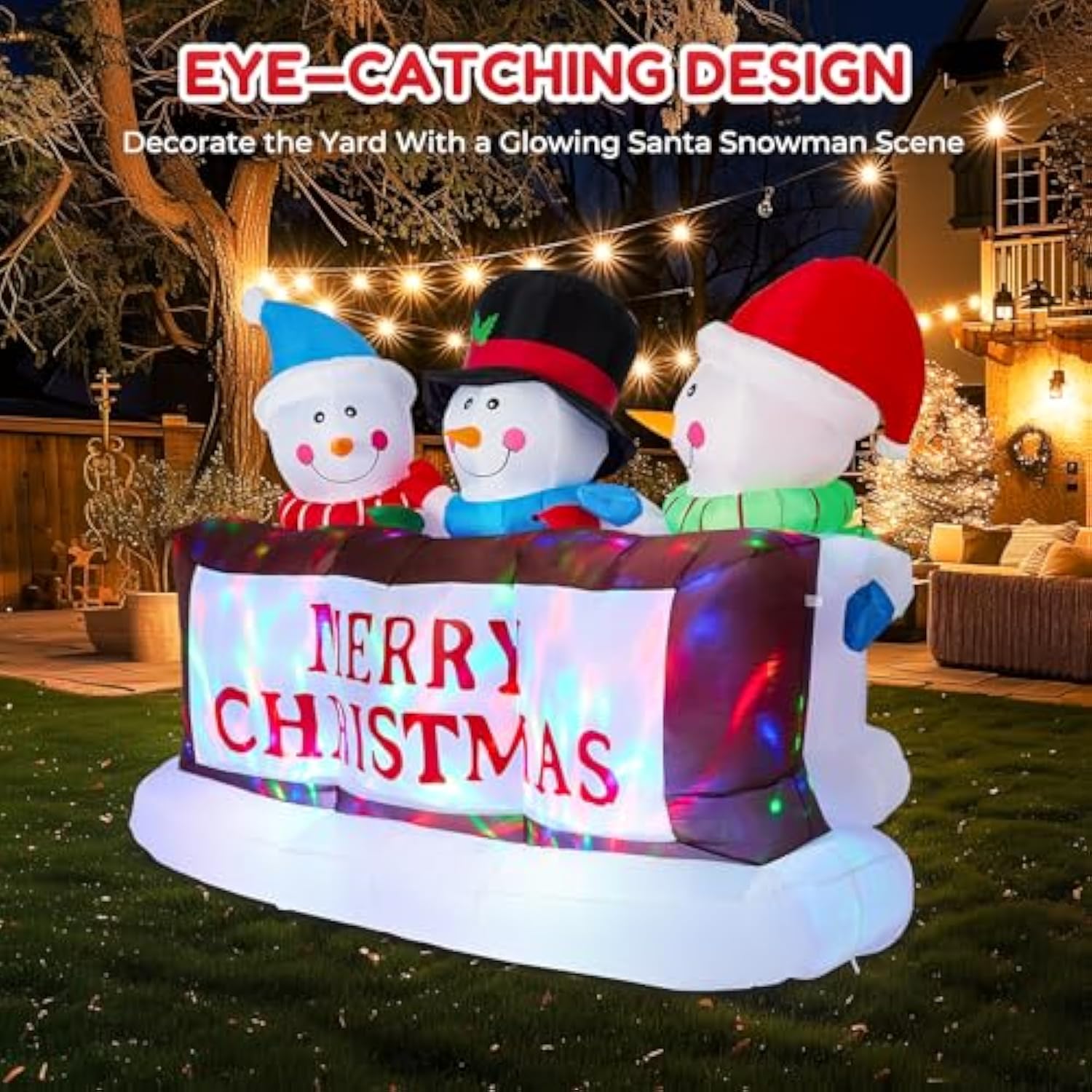 7Ft Christmas Inflatable Snowman Yard Decoration With Led Lights - Merry Christmas Sign Trio, Outdoor Xmas Blow Up Decor