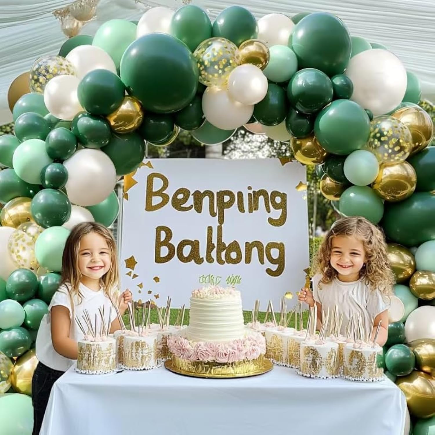 Emerald Green Gold Balloon Garland Kit, Double Stuffed Dusty Dark Forest Green Pearl White Gold Metallic Chrome Balloons Arch Kit For Birthday Wedding Party Decoration...
