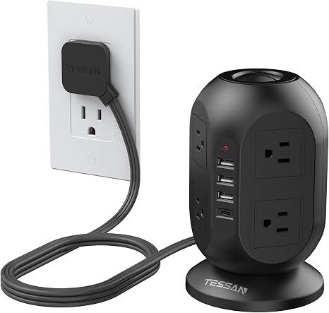 Tower Power Strip with 8 Outlets 4 USB Ports 1 USB C 10FT Flat Extension Cord Surge Protector