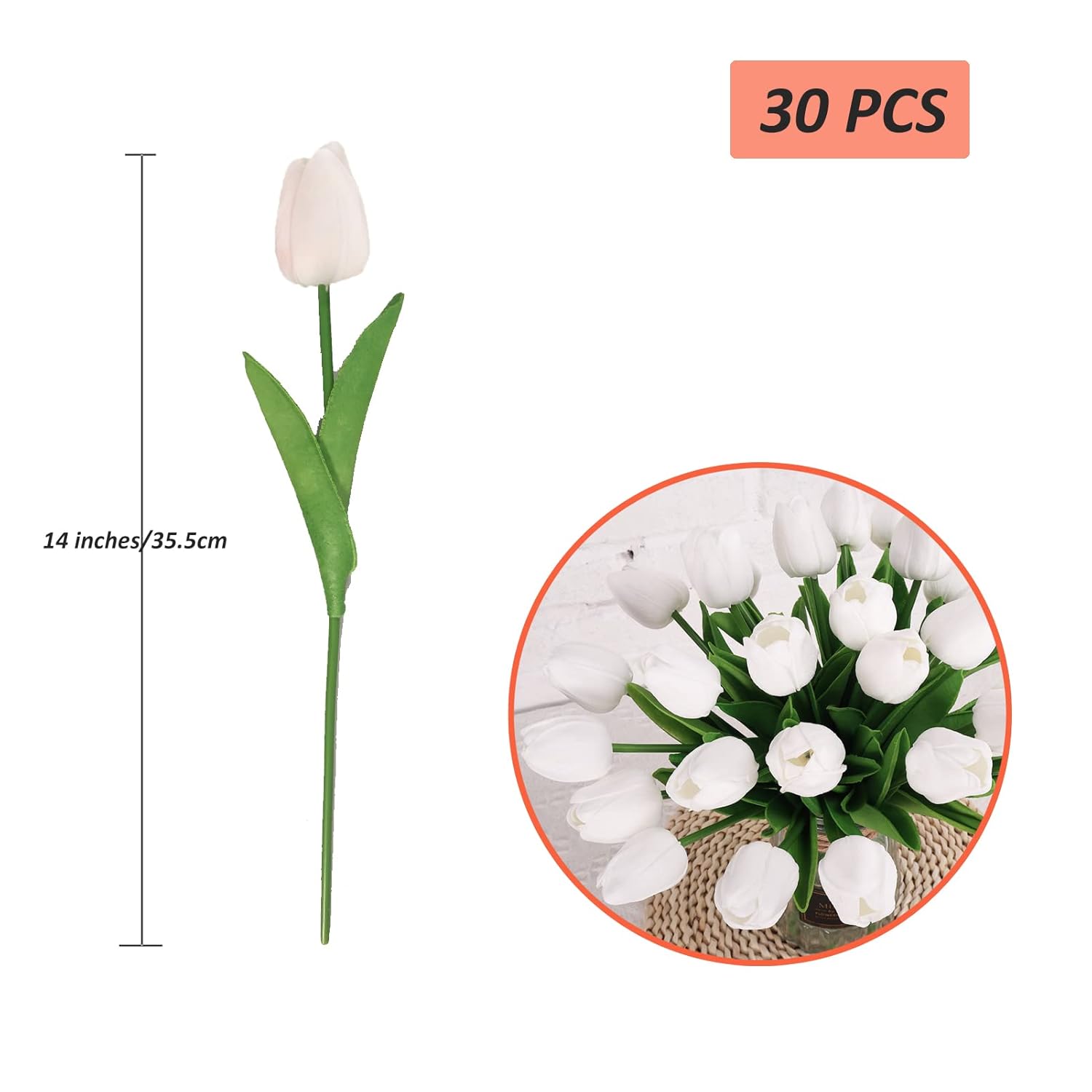 30Pcs Real Touch Tulips Pu Artificial Flowers, Fake Tulips Flowers For Arrangement Wedding Party Easter Spring Home Dining Room Office Decoration. (White)