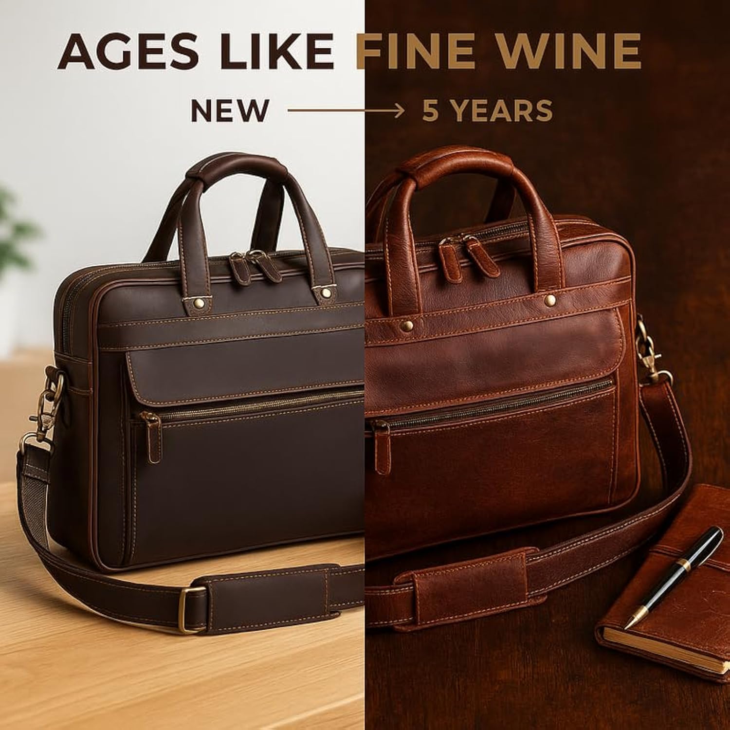 Full Grain Leather Briefcase For Men, Top Choice Gifts, Handcrafted Laptop Bag With Multiple Compartments And Brass Hardware, Fits 15.6 Inch Laptop