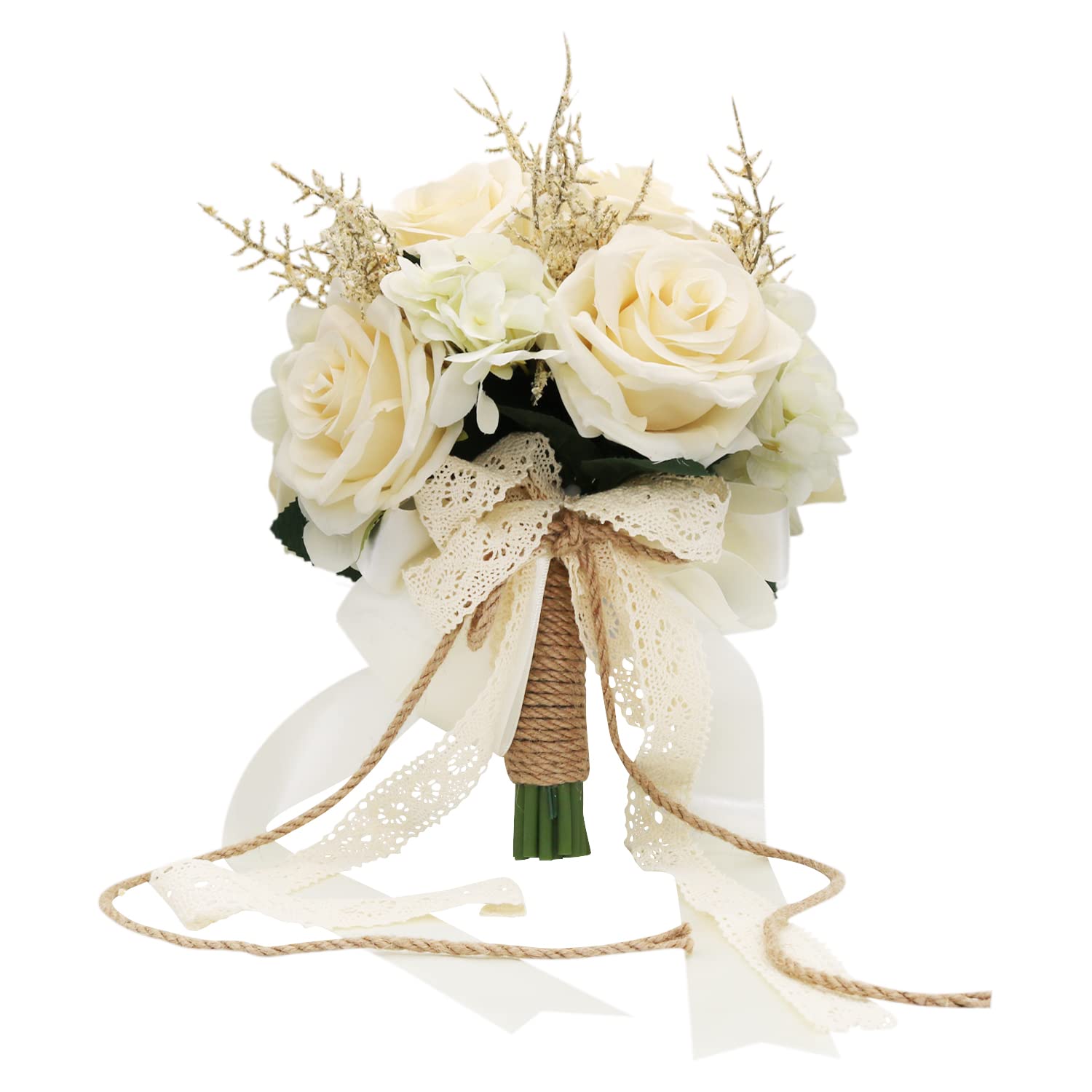 Artificial Plant, 1 Champagne White Rose Bridal Bouquet, 8.6 X 10.2 X 8.6 Inches, Wedding Bouquets For Bride, Bridesmaid Bouquets With Silk Ribbon, Decoration