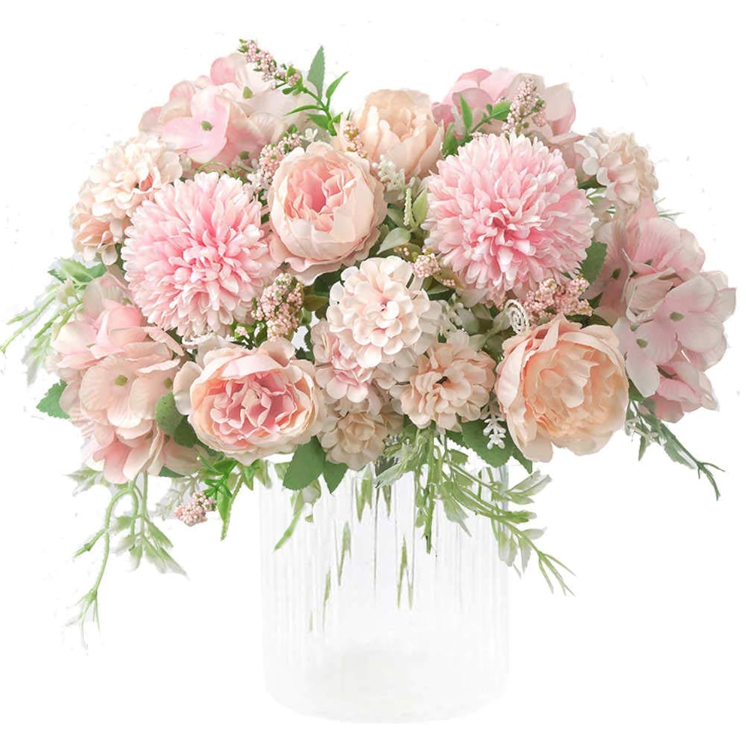 Fake Artificial Flowers, Peony Silk Hydrangea Bouquet Decor Plastic Carnations Flower Arrangements Wedding Decoration Table Centerpieces (Light Pink)