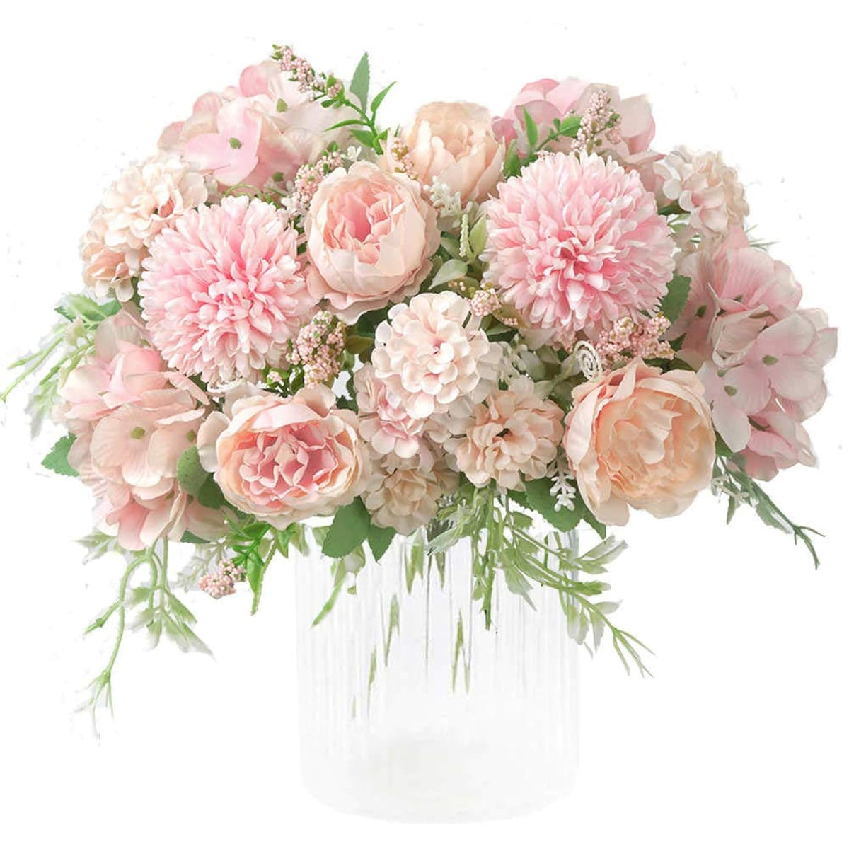 Fake Artificial Flowers, Peony Silk Hydrangea Bouquet Decor Plastic Carnations Flower Arrangements Wedding Decoration Table Centerpieces (Light Pink)