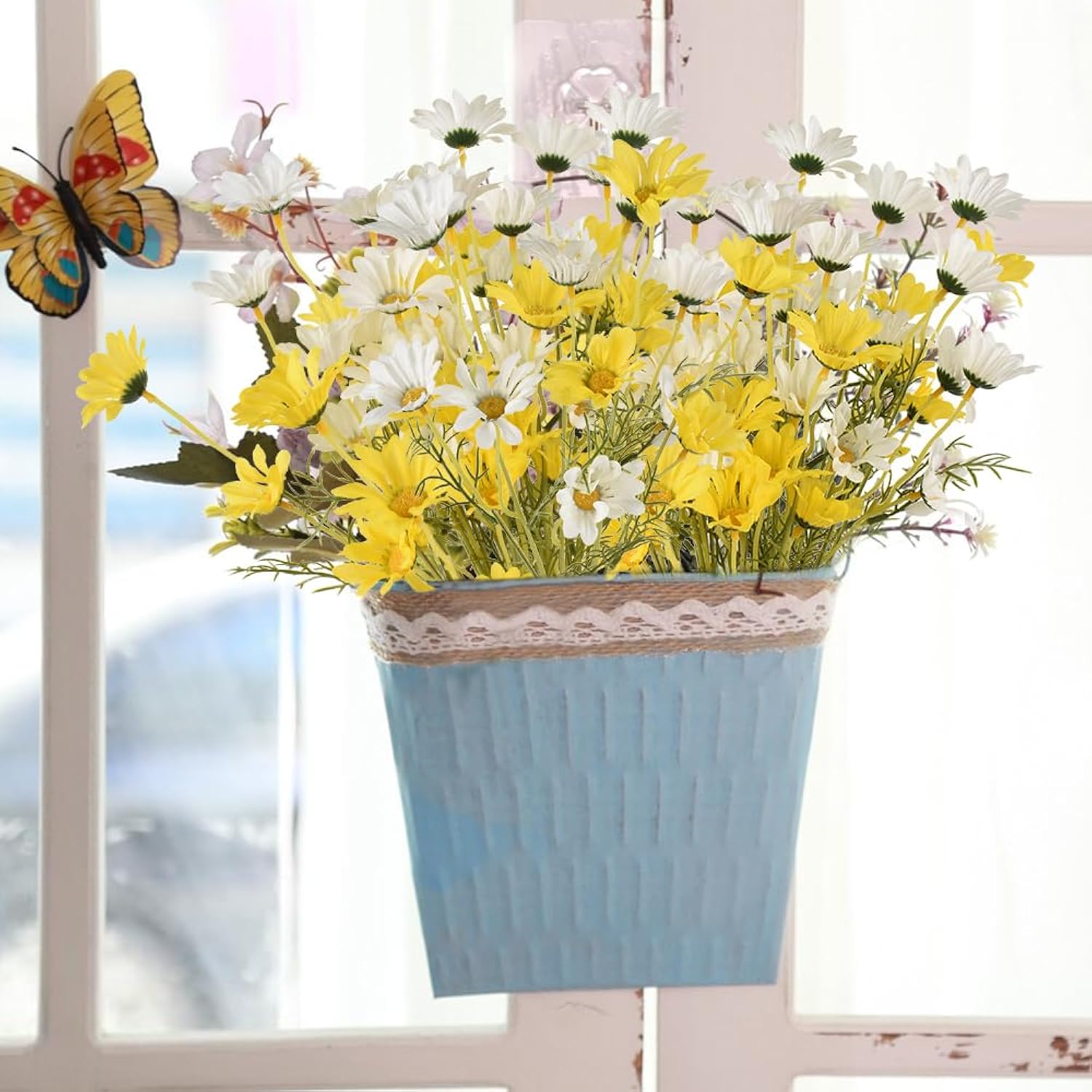 6Pcs Artificial Daisy Flowers 21” Fake Daisy Flowers With Leaves Stems For Home Decor, White