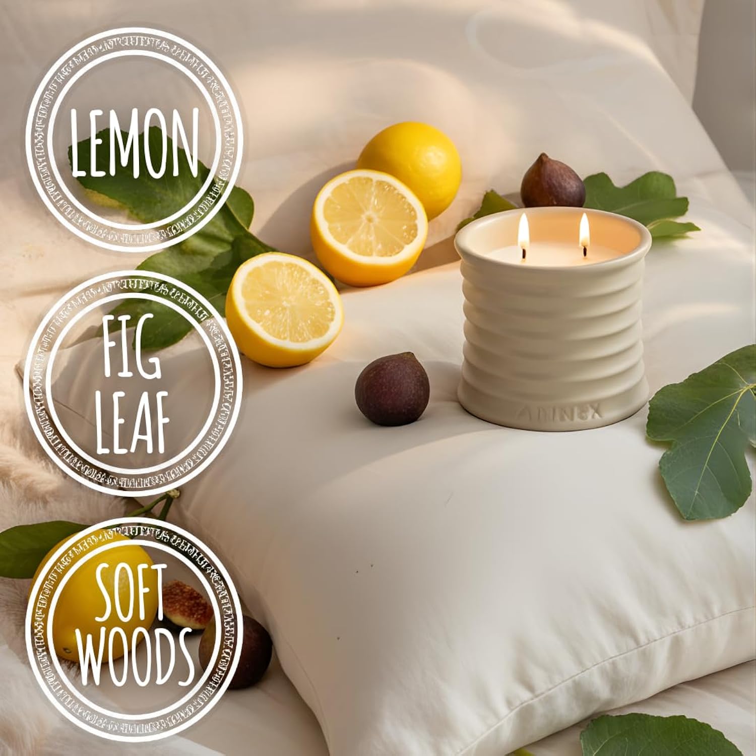 Fig Leaf & Lemon Luxury Scented Candle - 8Oz Handmade Beige Ceramic Jar Candle - 50Hr Clean Burn, 100% Non-Toxic Soy Wax, Home Fragrance, Aesthetic Decor Gift For Men Women - Amber & Sandalwood