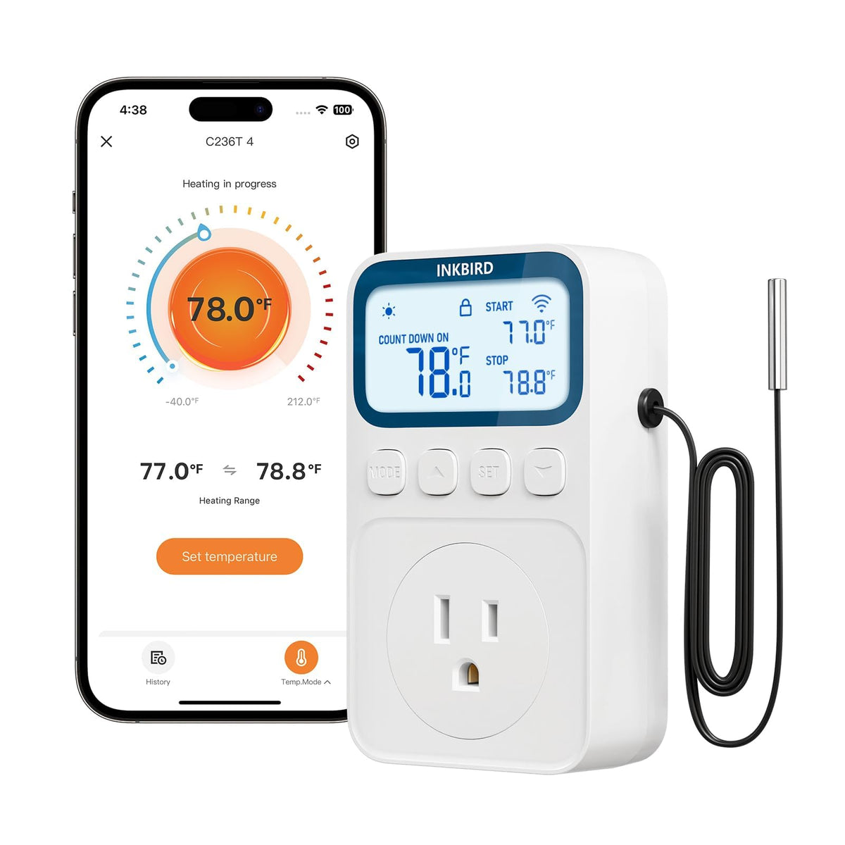Plug In Thermostat Wifi 1800W 15A Heating Cooling Timer Countdown Mode