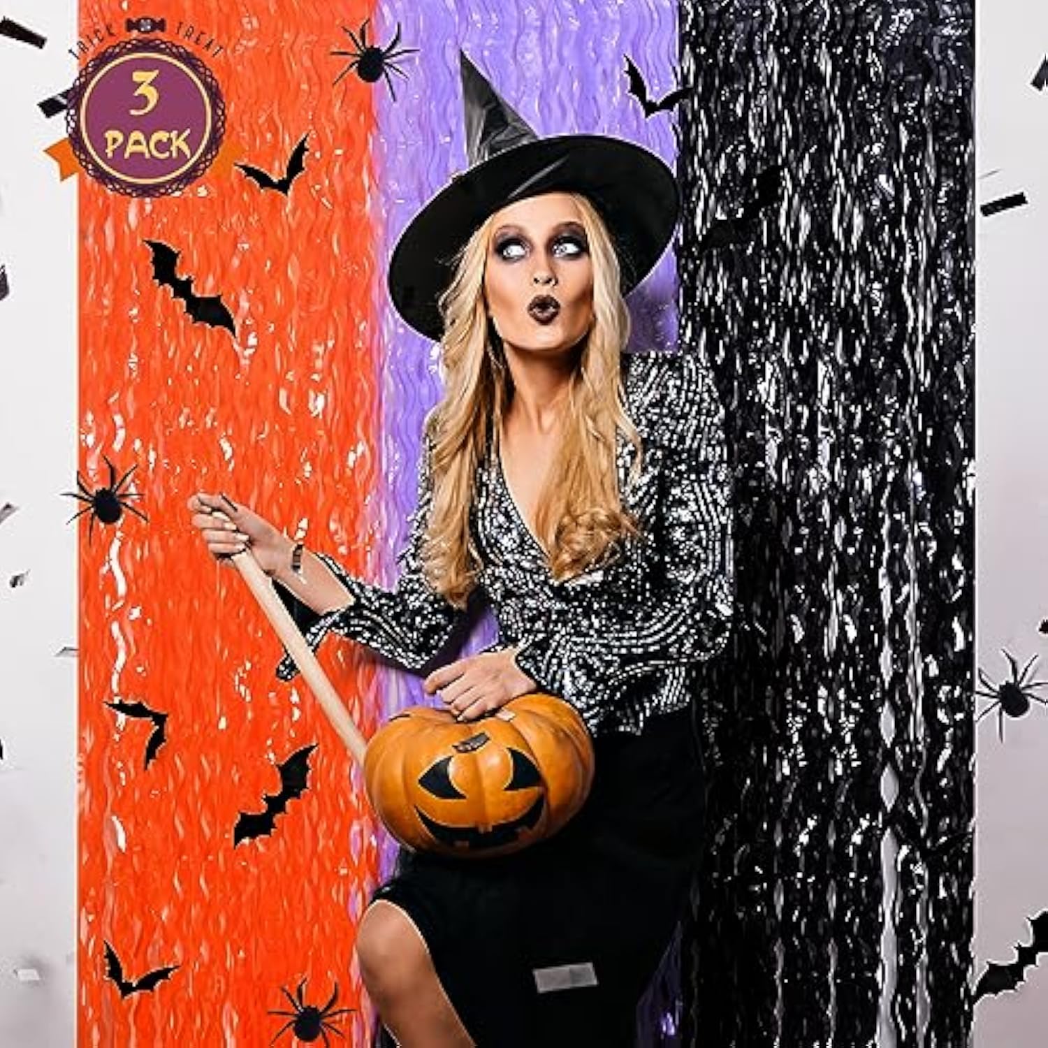 3 Pack Halloween Foil Fringe Curtains Orange Purple Black with Bat Spider Stickers