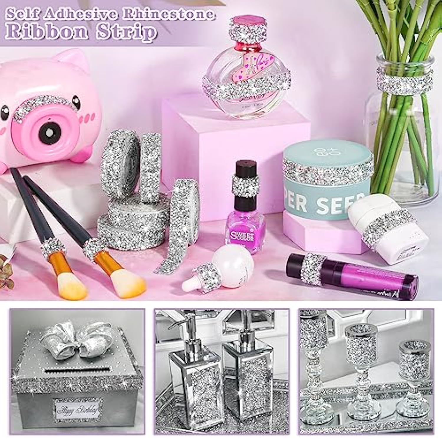 6 Rolls Self Adhesive Rhinestone Ribbons, Sliver Resin Rhinestone Strips, Diamond Crystal Rhinestone Ribbon Roll Stickers Glitter Bling Ribbons For Crafts Fabric Car