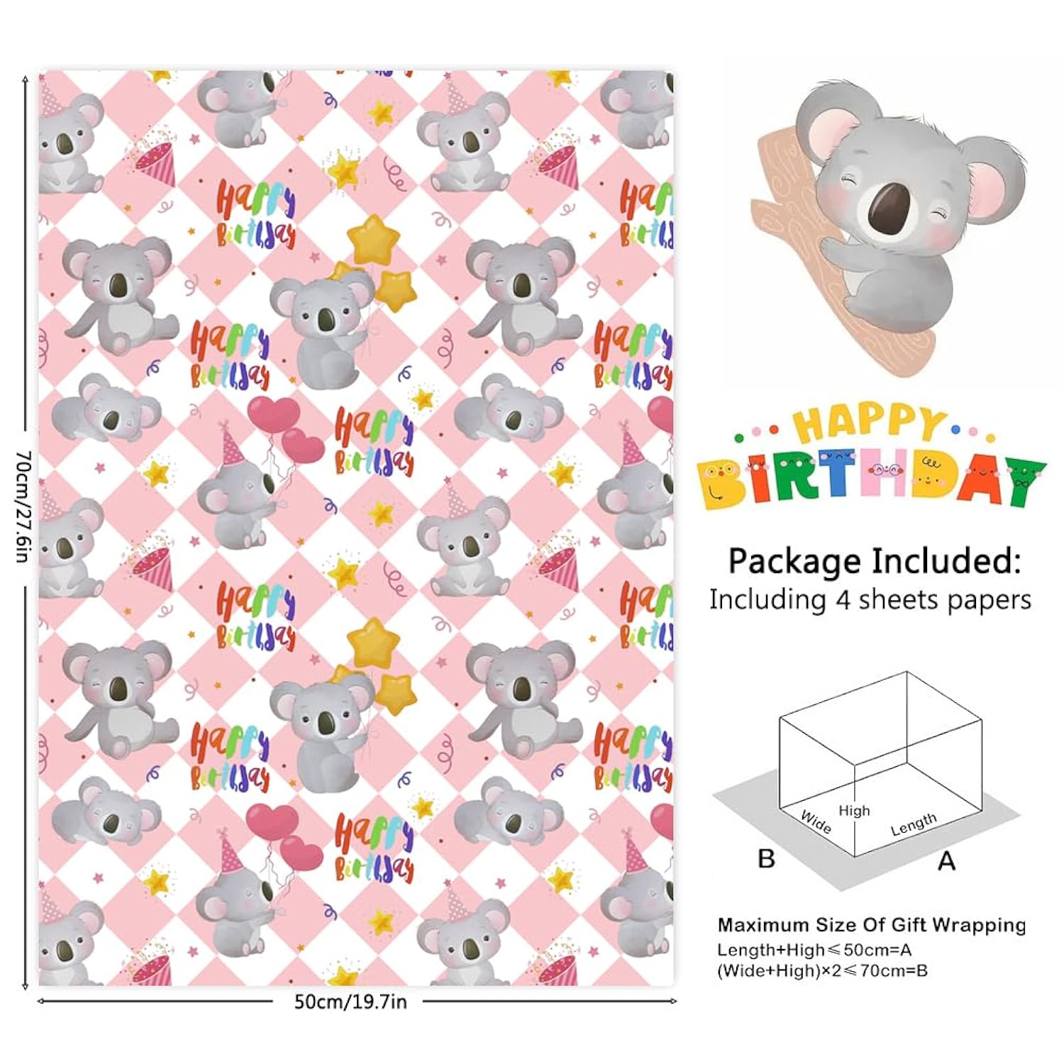 Koala Wrapping Paper For Happy Birthday Party, Lovely Koala With Heart Balloons Star Printed On Pink White Checkered Background Gift Wrap Paper - 4 Sheets Folded Flat - For Birthday, Holiday, Wedding