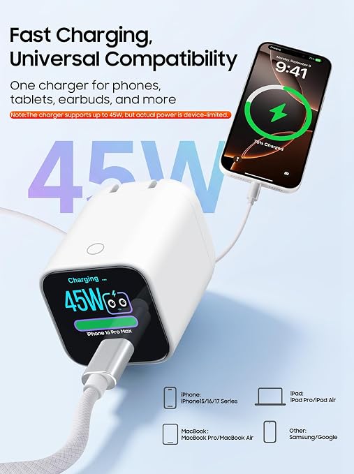 45W USB C GaN Fast Charger with 6.6FT USB C Cable Smart Display Foldable Wall Charger for iPhone 17 16 15 iPad Pro