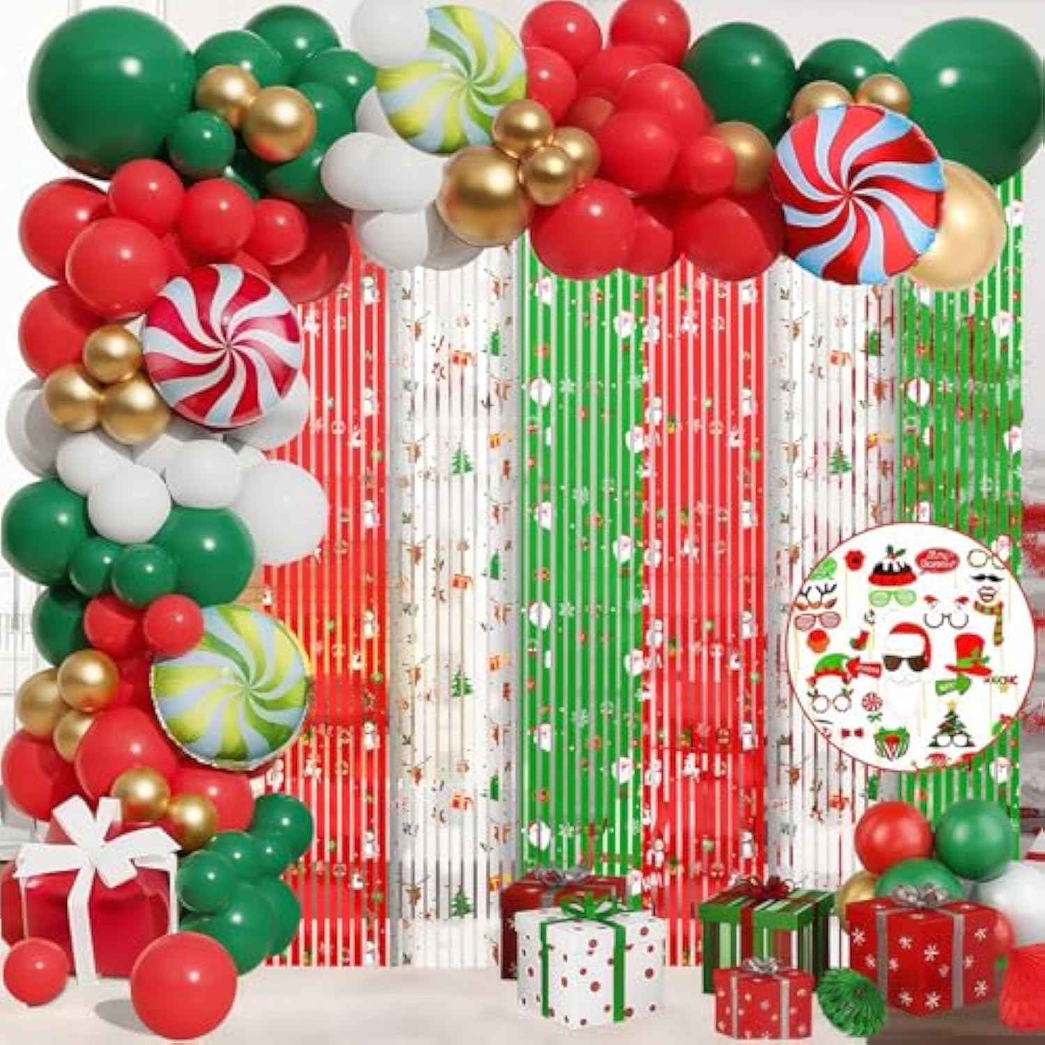 164Pcs Merry Christmas Party Decorations Set, Christmas Foil Fringe Curtains, Red Green Gold Balloons Arch Garland Favors For Kids Adults Friends Ugly Sweater Party Props For Photo Supplies