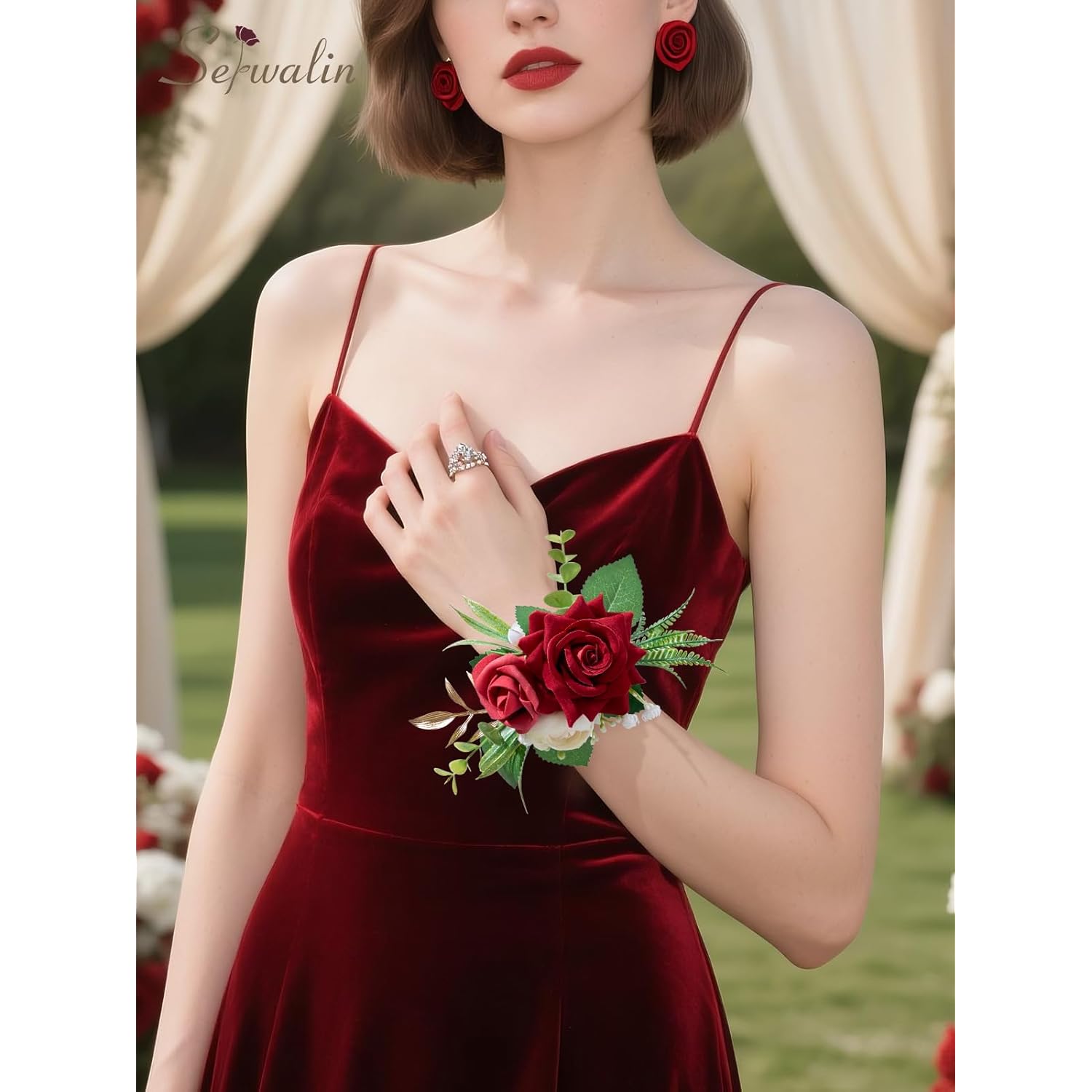 Red Rose Corsage And Boutonniere Set, Boutonniere For Men And Wrist Corsage Wristlet Prom Homecoming Wedding Flowers Accessories Party Suit Decorations (Red)