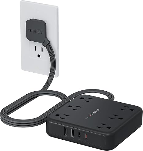 Surge Protector Power Strip 6 Outlets 4 USB Ports 2 USB C 5FT Flat Plug Extension Cord 2100J Black