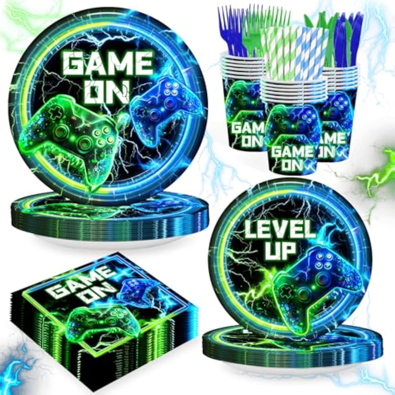 168Pcs Video Game Birthday Party Decorations Blue Video Game Level Birthday Plates And Napkins Tableware Sets For Kids Boys Gamer Gaming Party Favors Serves 24