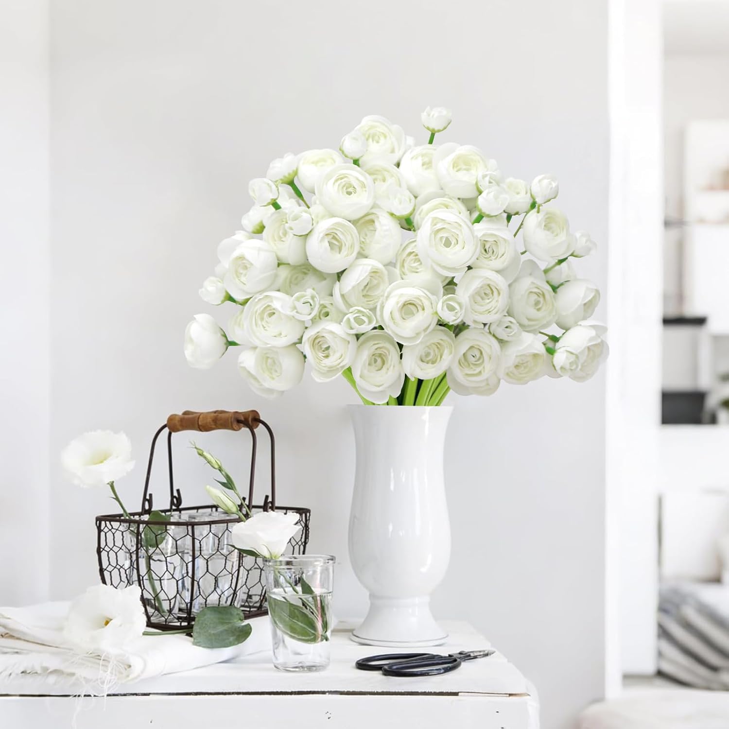 Ranunculus Artificial Flower White Faux Silk Mini Peony Flowers Fake Peonies Wedding Flowers Diy Bouquet For Centerpieces Arrangements Bridal Shower Decorations 18 Pcs(White)
