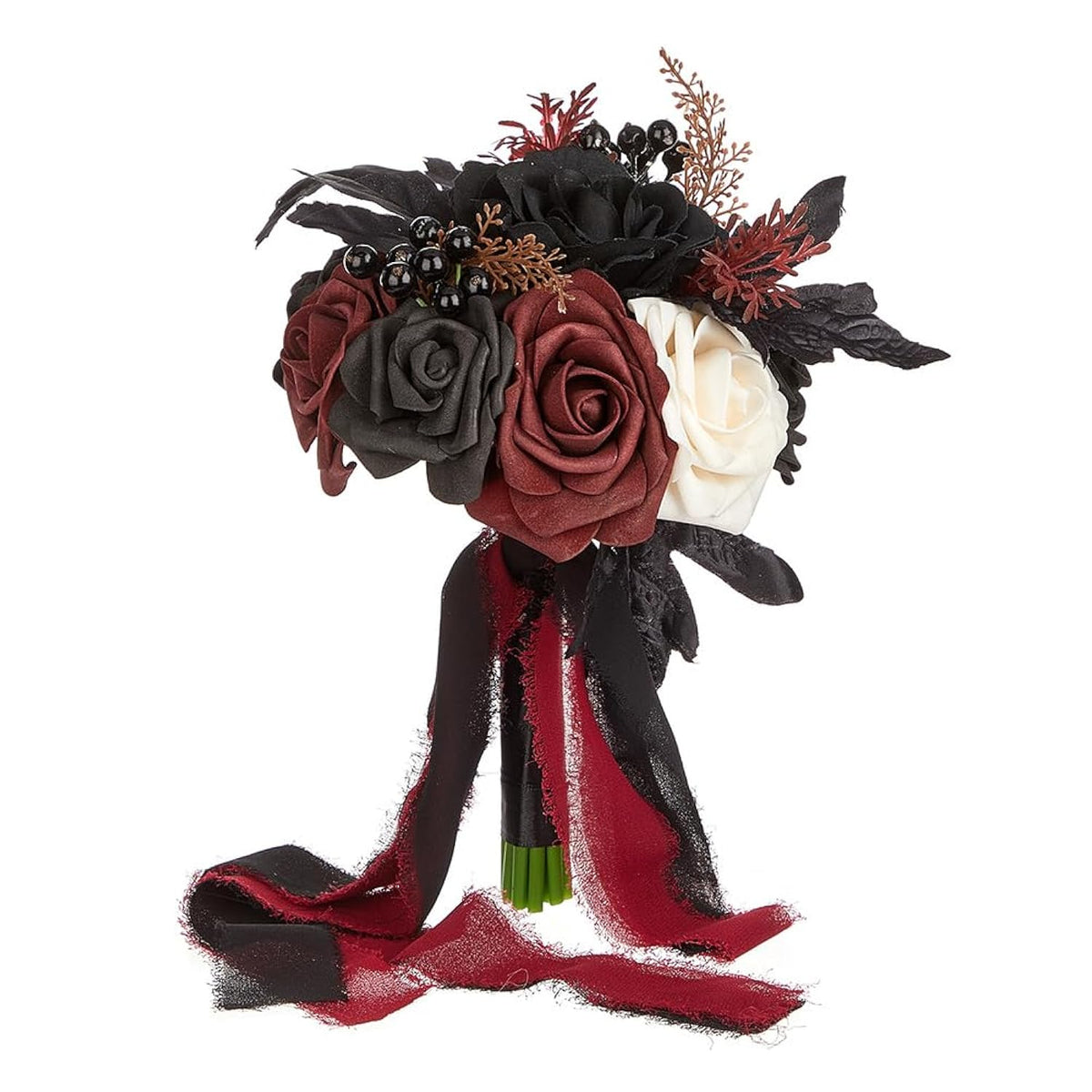 Wedding Bouquets For Bride And Bridesmaid - Black And Burgundy Gothic Bridal Flowers, Artificial Rose Bouquet