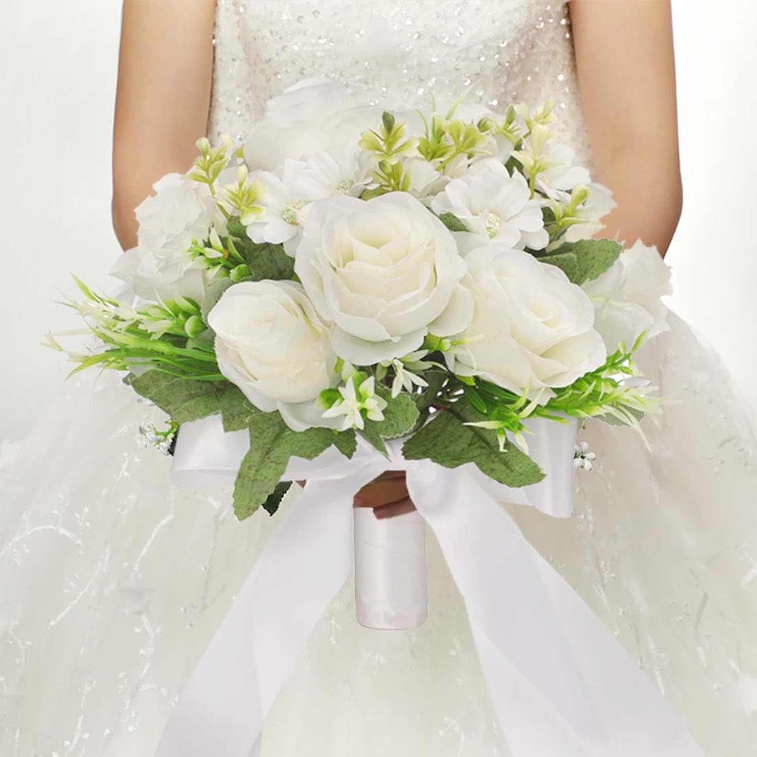 Wedding Bouquets For Bride Bridesmaid Bouquet Champagne White Artificial Roses Flowers For Wedding Valentine'S Day Church Home Decoration (White)…