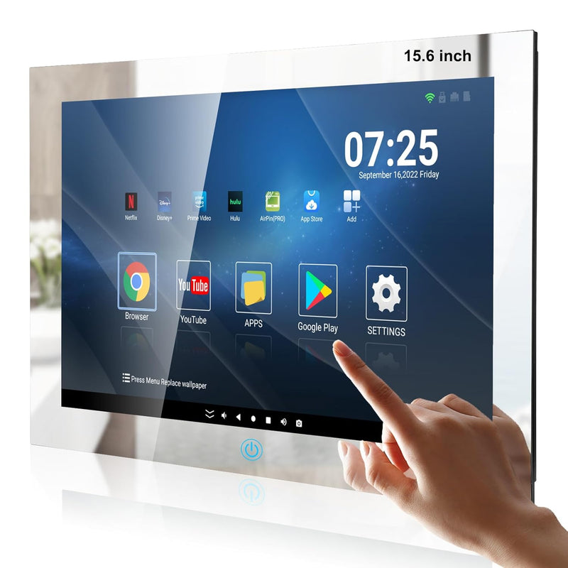 15.6" Smart Waterproof Mirror TV, 1080p, Touchscreen, WiFi, Bluetooth, 2023