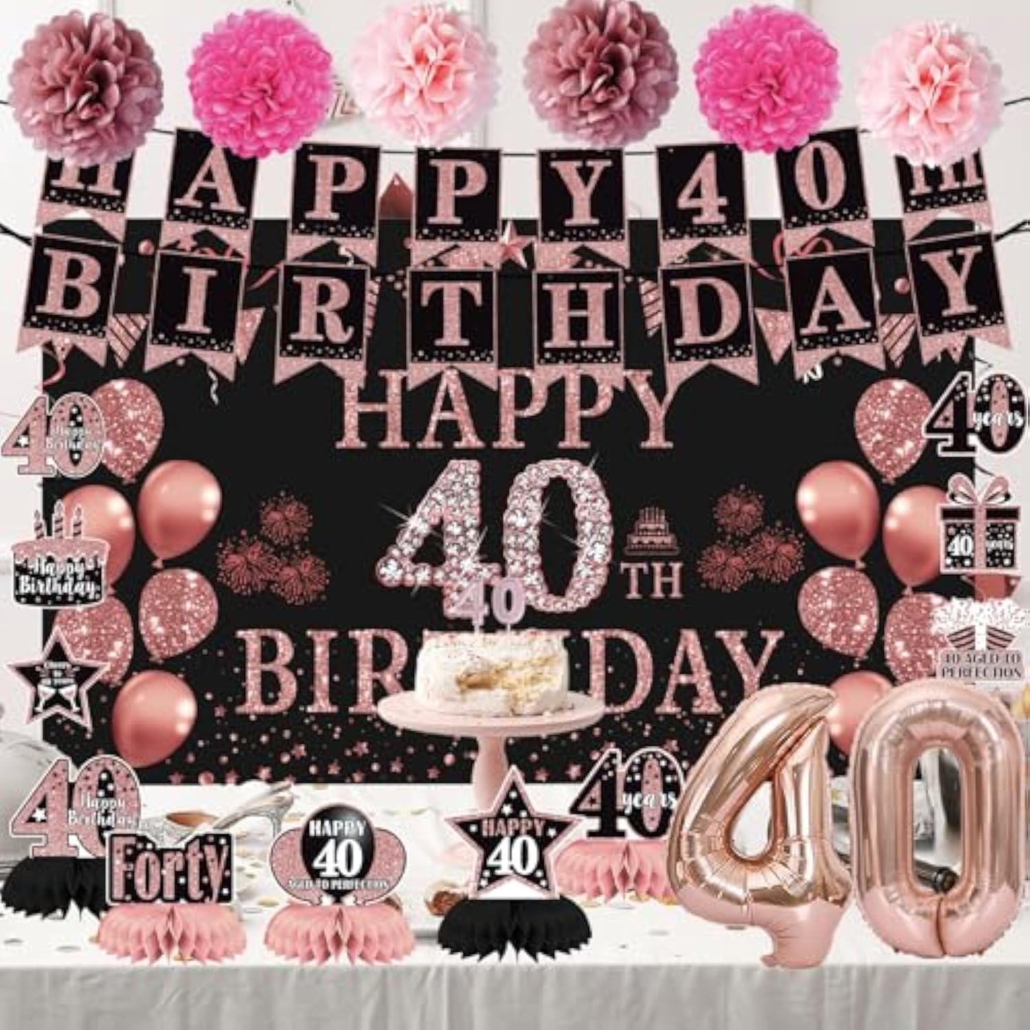 21pcs Rose Gold 40th Birthday Decor Set with Banner, Swirls & Balloons