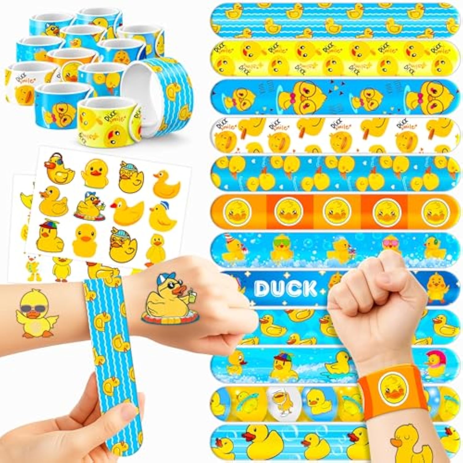 48Pcs Duck Party Favors - 24Pcs Temporary Tattoos & 24Pcs Slap Bracelets - Cute Birthday Party Supplies, Decorations, Baby Shower Gifts, Classroom Prizes, And Rewards For Boys & Girls