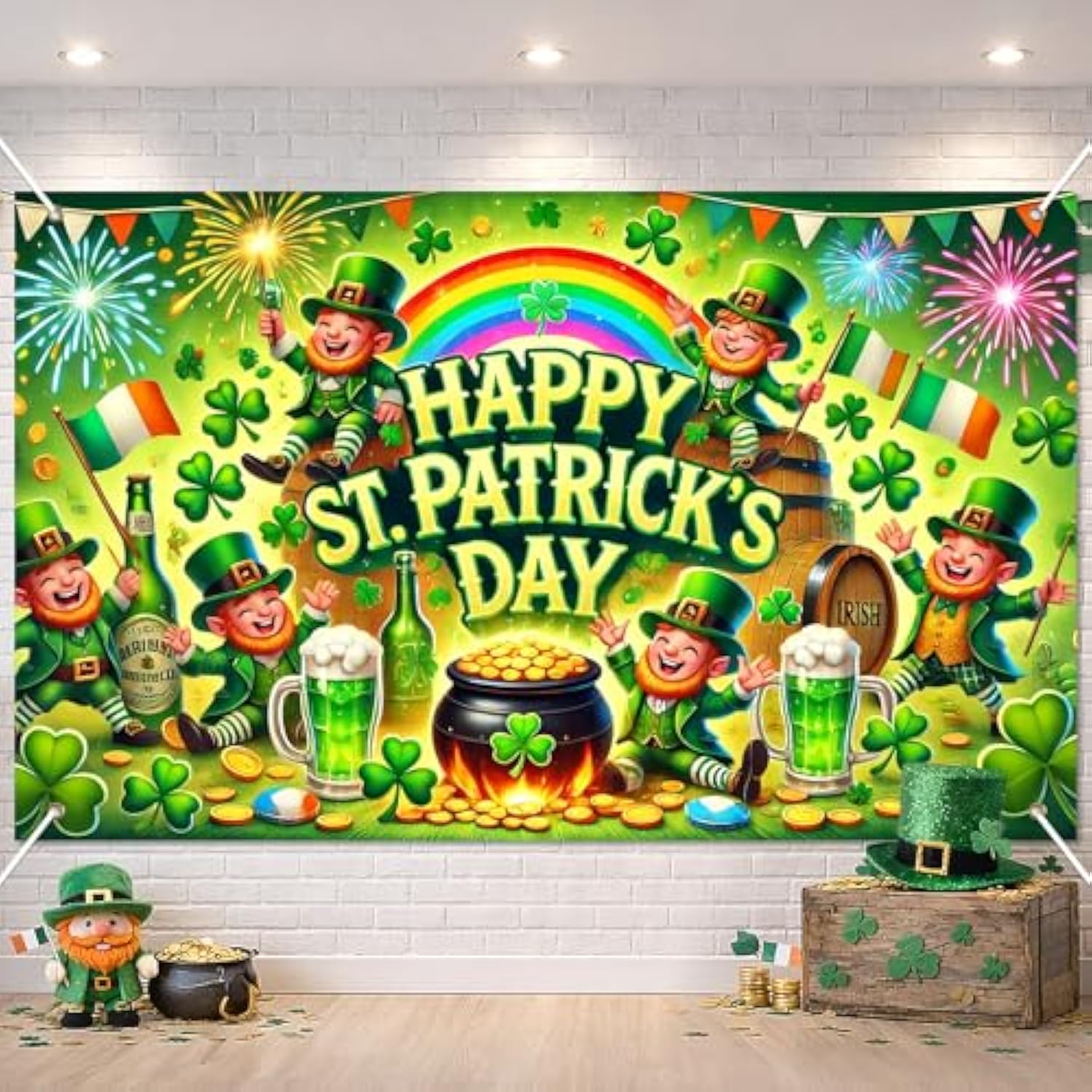 St. Patrick'S Day Banner 71X43 Inch Leprechaun Shamrock Irish Party Decorations Outdoor Porch Entrance Celebration Green Holiday Display Background For Happy St. Patrick'S Day Decor