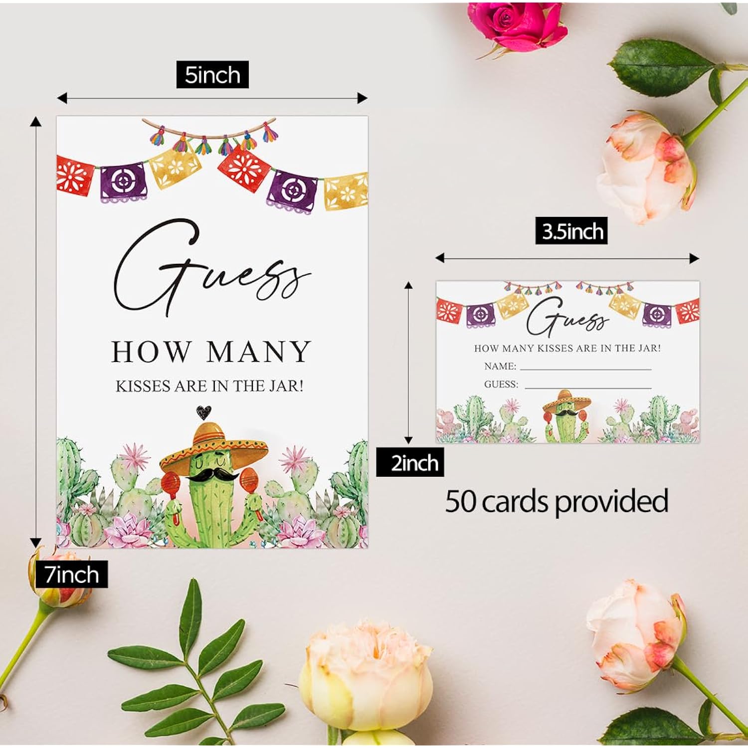How Many Kisses Bridal Shower Game (1 Sign + 50 Cards), Fiesta Cactus Bridal Shower Games, Mexican Bachelorette Guessing Game, Taco Party Games -Ghmk03