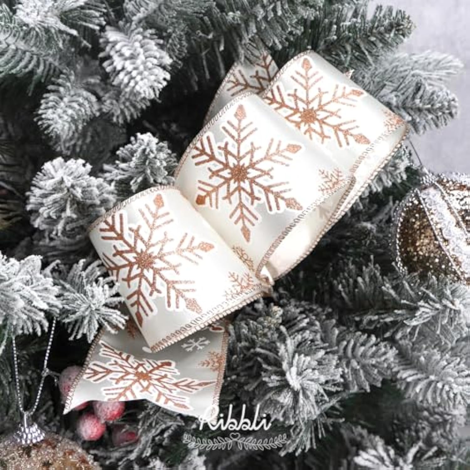 Rose Gold Snowflake Wired Ribbon,Ivory Satin With Big Glitter Snowflake Christmas Ribbon For Wreath Chritmastree Decoration Gift Wrapping Home Decor, 2-1/2 Inch X 10 Yards
