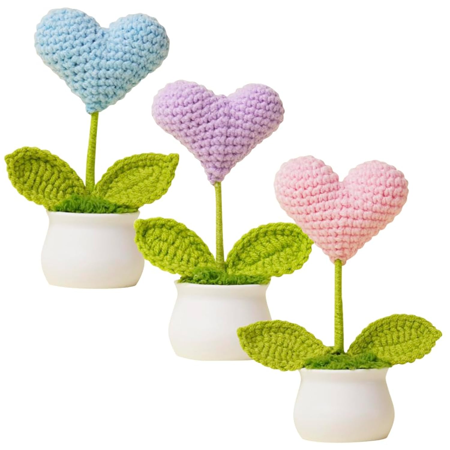 3 Pieces Mini Handmade Crochet Heart Flowers Potted Plants Artificial Knitted Heart Flower For Women Bulk Teacher Appreciation Presents,Purple+Blue+Pink Love