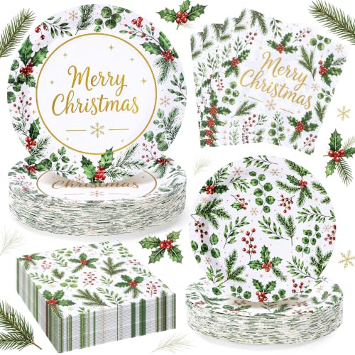 150Pcs Christmas Paper Plates and Napkins Party Supplies, Disposable 9’’& 7’’ Holiday Plates with Green Holly Leaves Red Berries Xmas Party Decorations Tableware Set, Serves 50 Guests