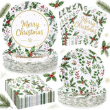 150Pcs Christmas Paper Plates and Napkins Party Supplies, Disposable 9’’& 7’’ Holiday Plates with Green Holly Leaves Red Berries Xmas Party Decorations Tableware Set, Serves 50 Guests