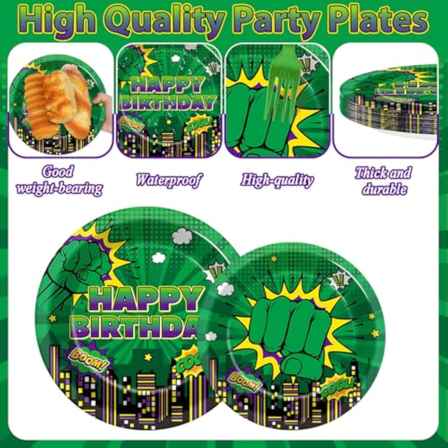 96Pcs Green Hero Paper Plates And Napkins Super Theme Birthday Party Supplies Green Hero Disposable Dinnerware Tableware Set For Kid Cartoon City Cityscape Baby Shower Table Party Decoration Serve 24