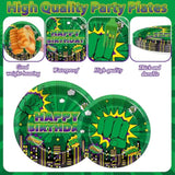 96Pcs Green Hero Paper Plates And Napkins Super Theme Birthday Party Supplies Green Hero Disposable Dinnerware Tableware Set For Kid Cartoon City Cityscape Baby Shower Table Party Decoration Serve 24