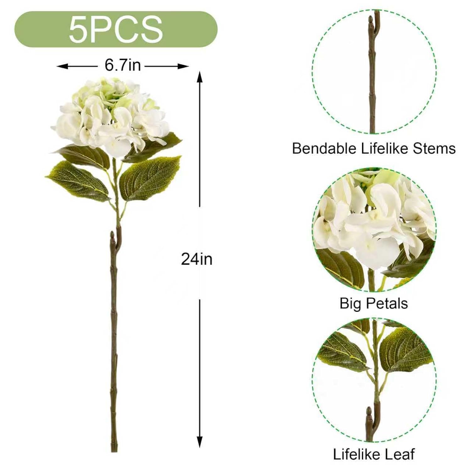 5Pcs Realistic White With Green Hydrangea Artificial Flowers With Stems 24 Inch Lifelike Faux Hydrangeas Flower Large Hydrangea For Weddings Bouquets Table Centerpieces Home Decor Party