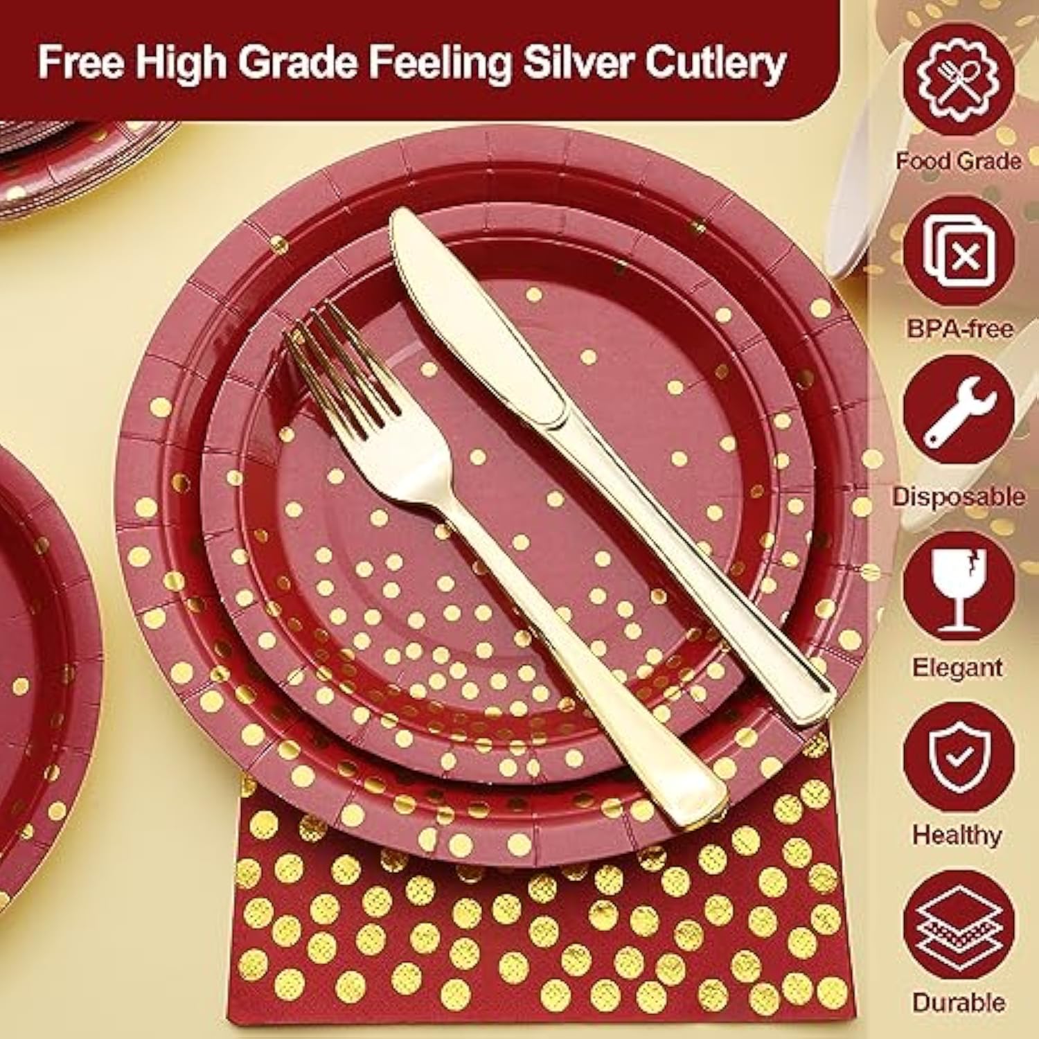175 PCS Burgundy & Gold Party Supplies - Plates & Napkins for 25 Guests