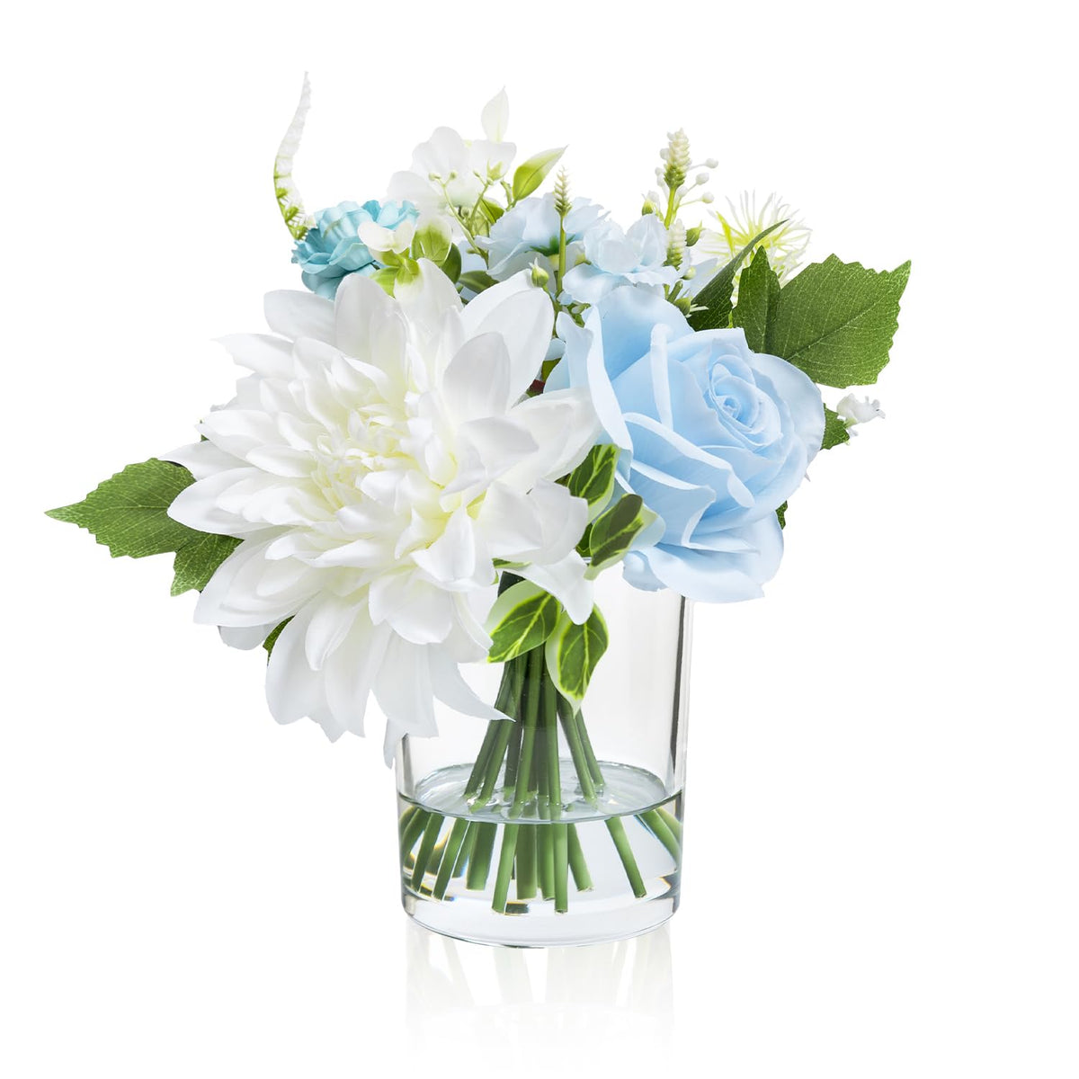 Artificial Flowers In Glass Vase With Fake Water, Silk Rose Dahlia Flower Bouquet For Home Dinning Tea Table, Office Desktop, Hotel, Wedding, Party, Lavatory Decor & Gift (Blue & White)