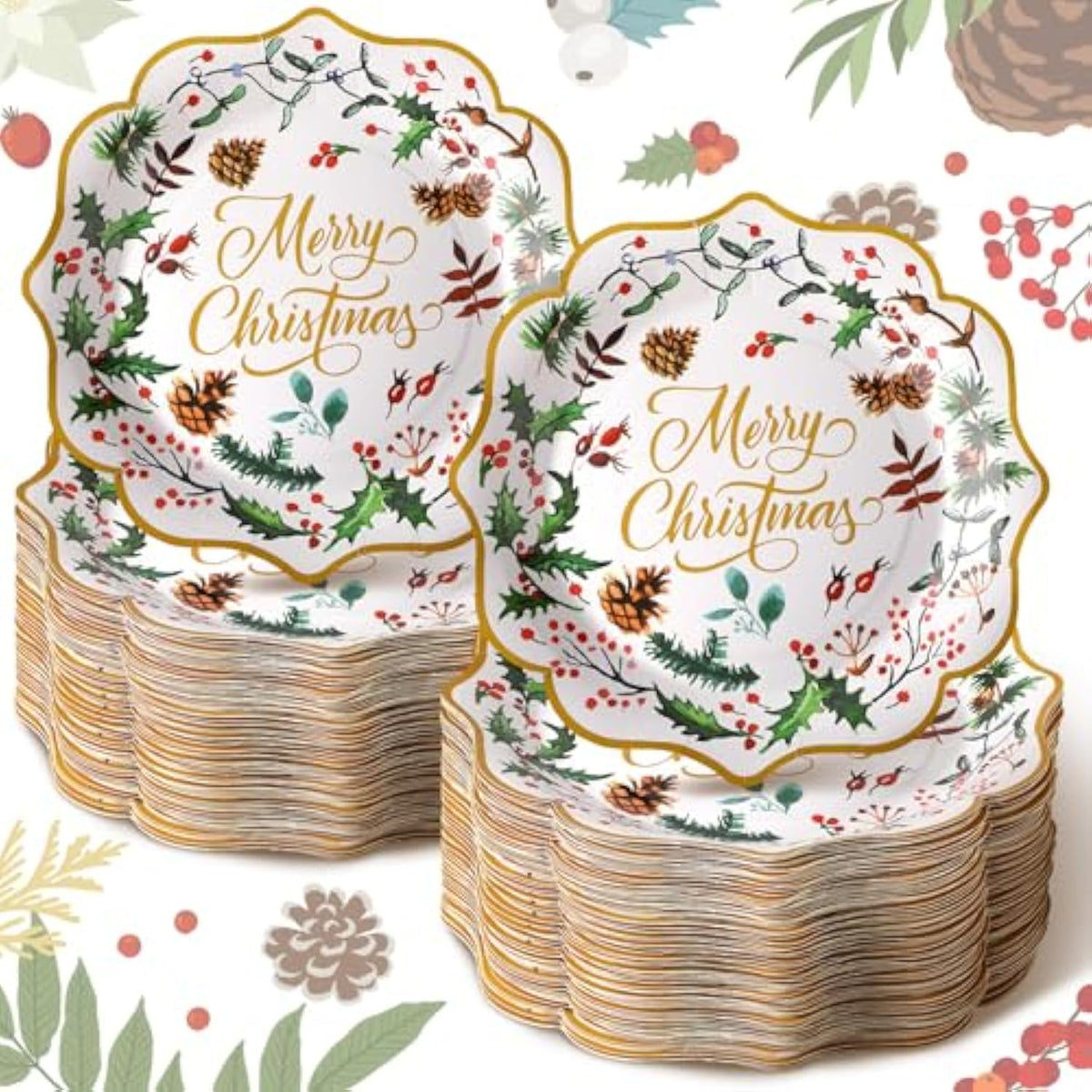 100 Pcs Merry Christmas Paper Plates Scalloped Edge 9 Inches Disposable Berry Holly Decorative Dinner Dessert Paper Plates For Winter Holiday Dinner Birthday Xmas Party Supplies