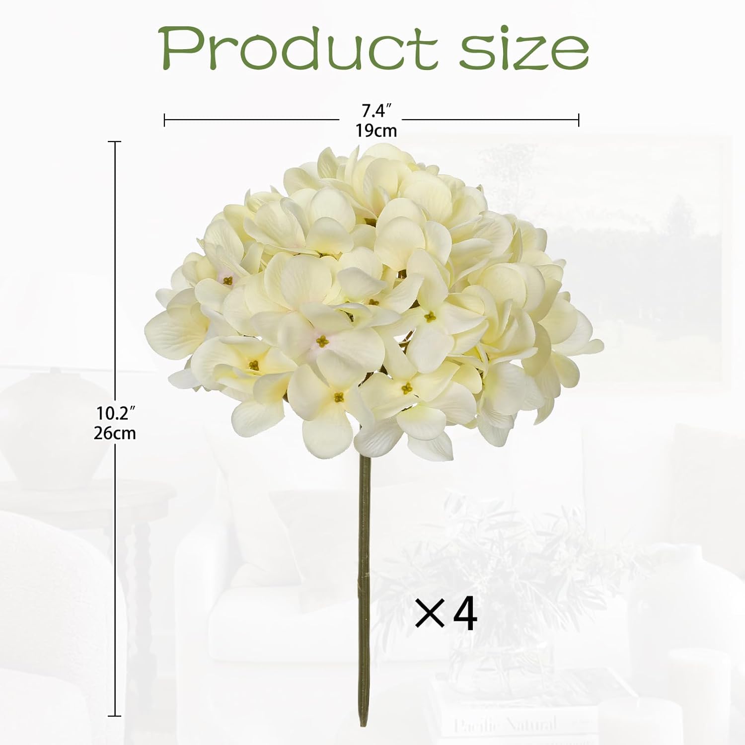 White Silk Hydrangea Artificial Flowers Heads 7.4Inch Large Fake Hydrangea 4Pcs Full Faux Flowers With Stems For Wedding Party Table Centerpieces Flower Arrangement Home Decor