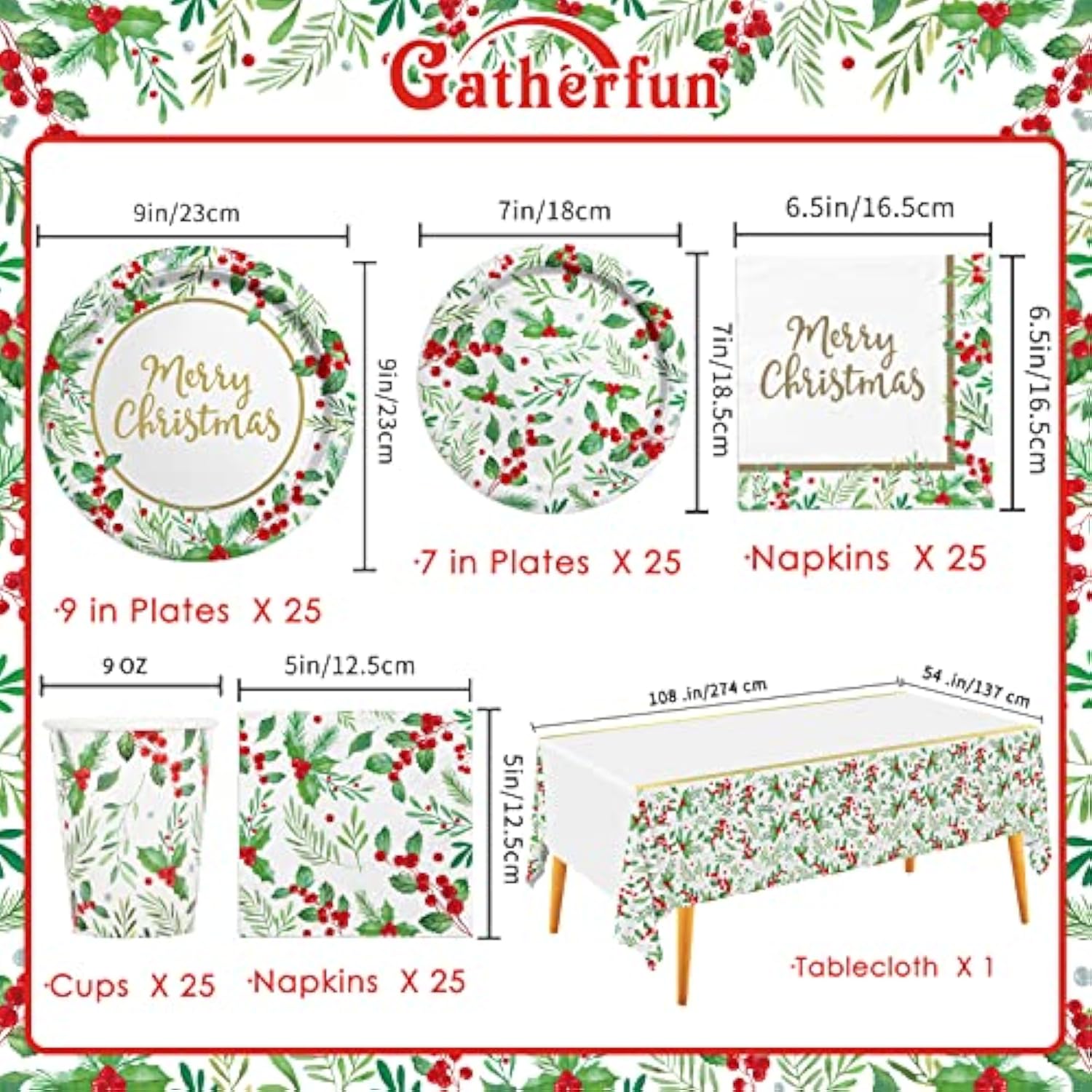 25 Set Christmas Holly Tableware Dinner & Dessert Plates with Napkins